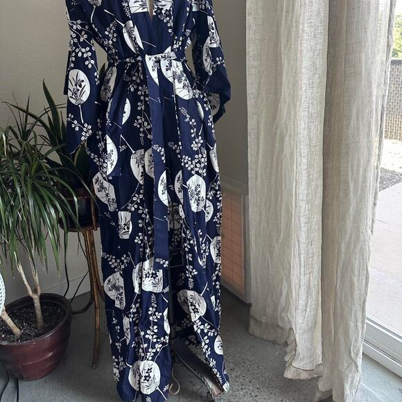 Vintage Medium Kimono Navy White Cotton Japanese Kimono Robe Floral Fan Print - Picture 3 of 3